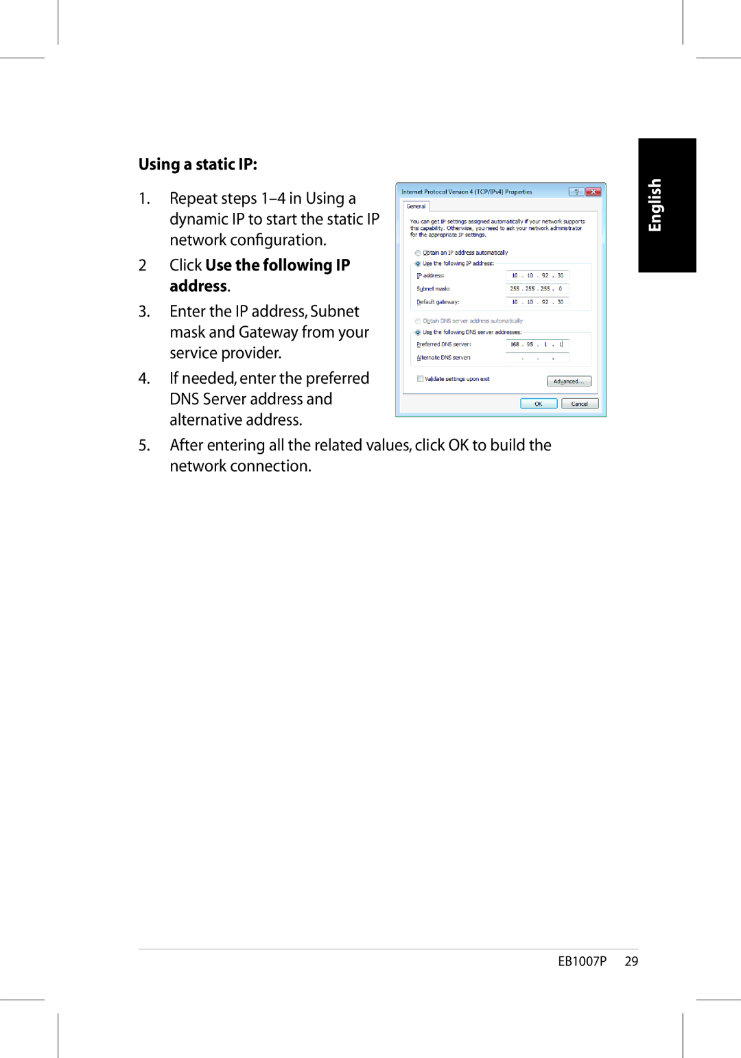Asus EB1007P-B0040 user manual Using a static IP, Click Use the following IP address 