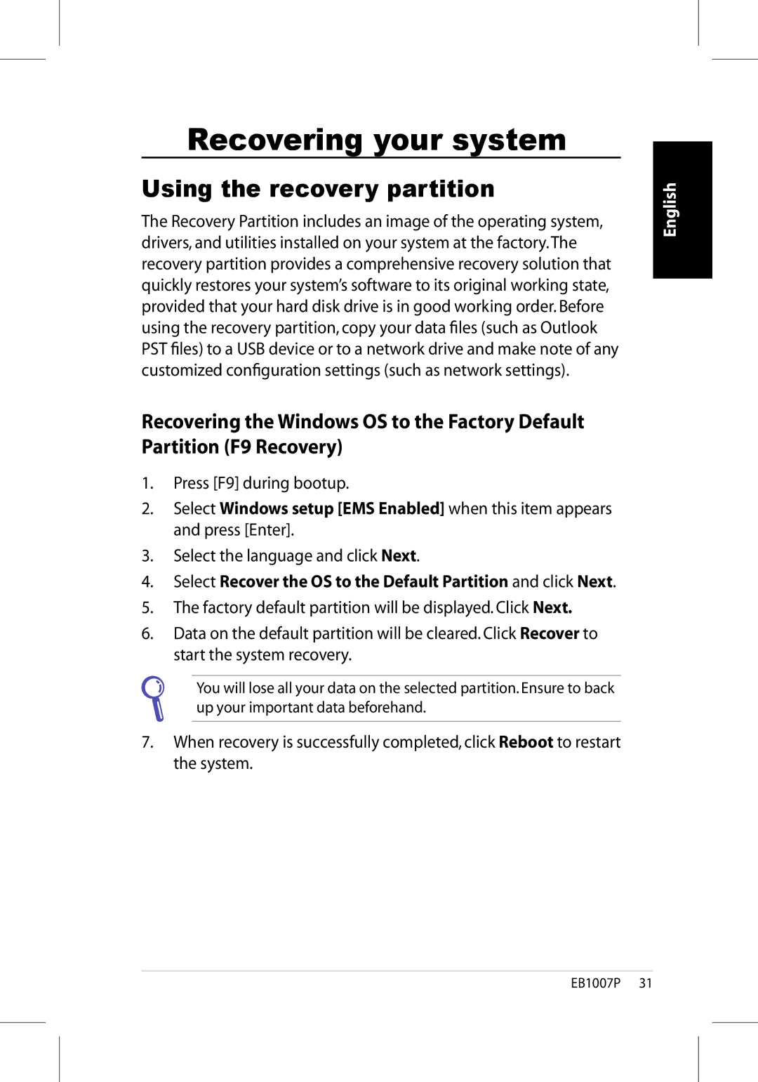 Asus EB1007P-B0040 user manual Recovering your system, Using the recovery partition 