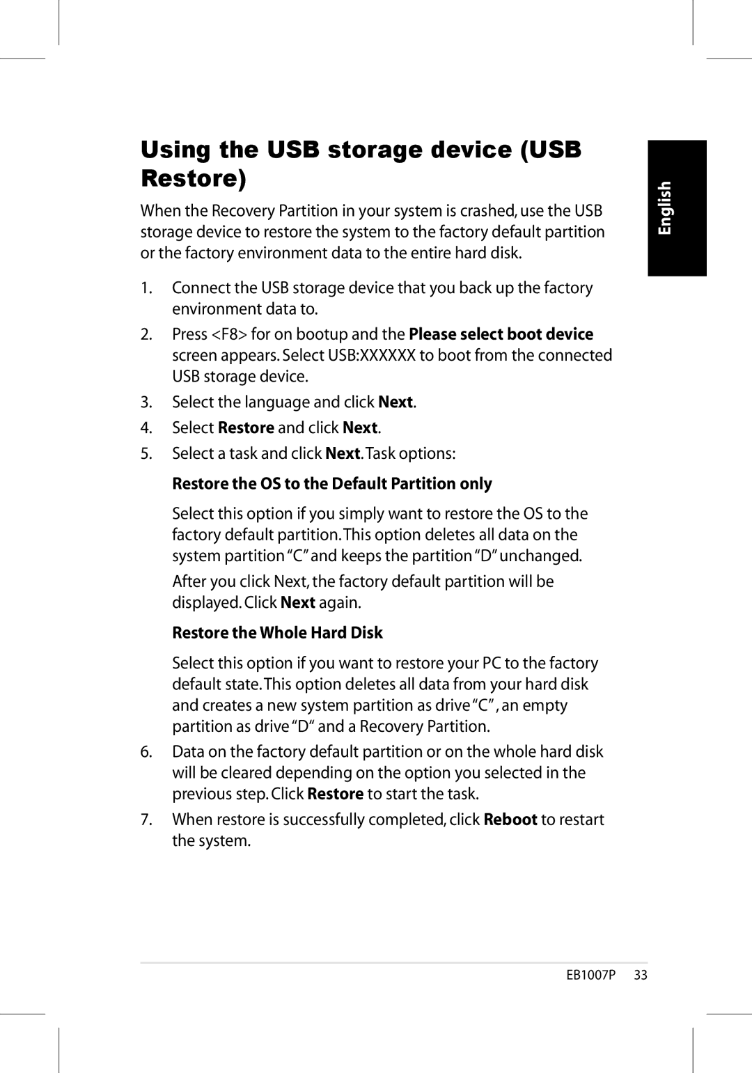 Asus EB1007P-B0040 user manual Using the USB storage device USB Restore, Restore the OS to the Default Partition only 