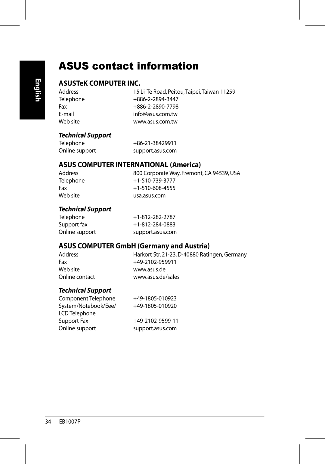 Asus EB1007P-B0040 user manual Asus contact information, ASUSTeK Computer INC, Asus Computer International America 