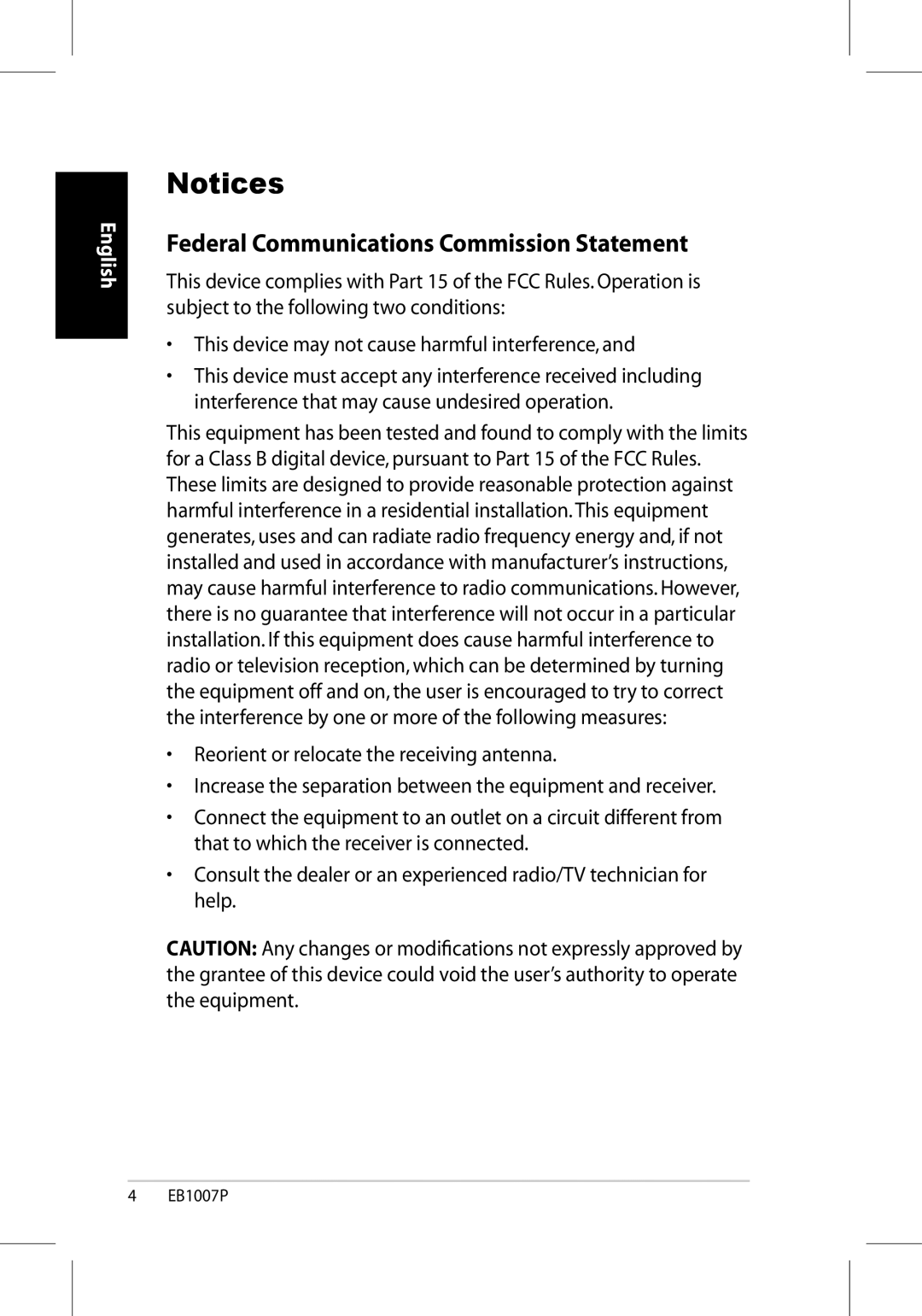 Asus EB1007P-B0040 user manual Federal Communications Commission Statement 