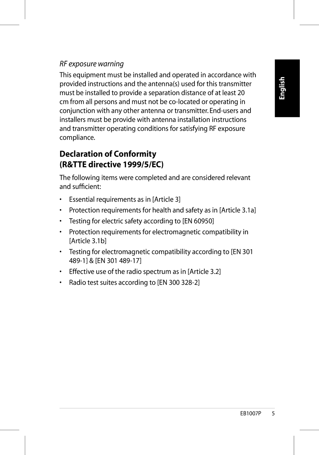 Asus EB1007P-B0040 user manual RF exposure warning, Declaration of Conformity R&TTE directive 1999/5/EC 