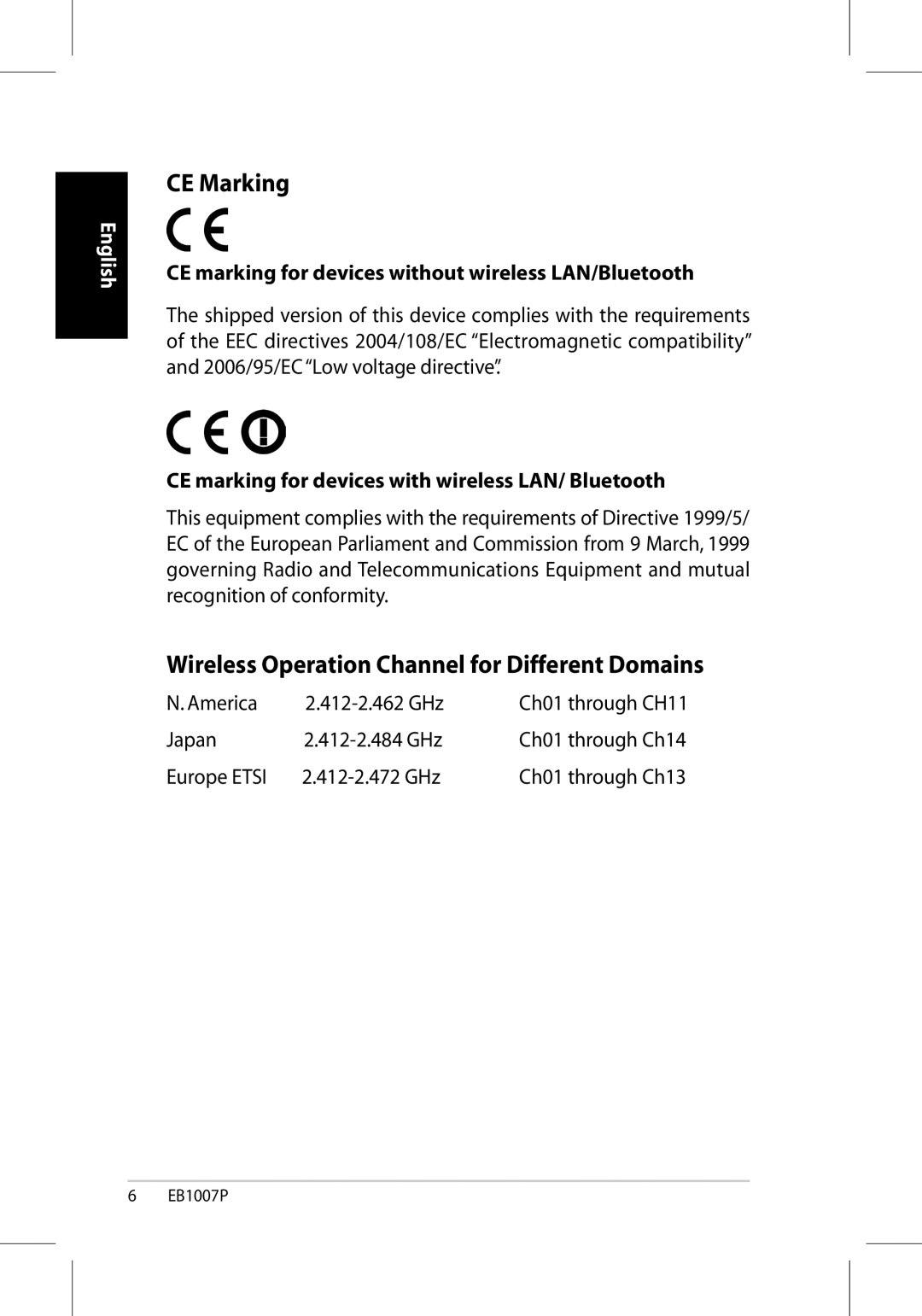 Asus EB1007P-B0040 user manual CE Marking, Wireless Operation Channel for Different Domains 