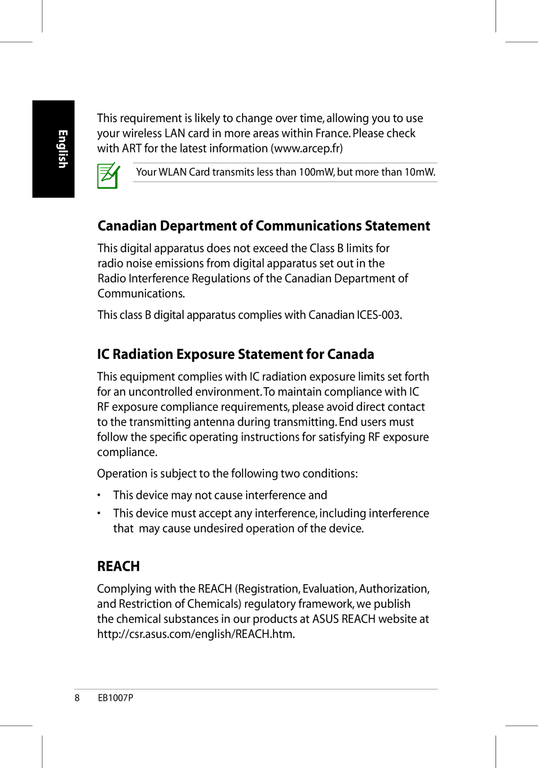 Asus EB1007P-B0040 user manual Canadian Department of Communications Statement, IC Radiation Exposure Statement for Canada 