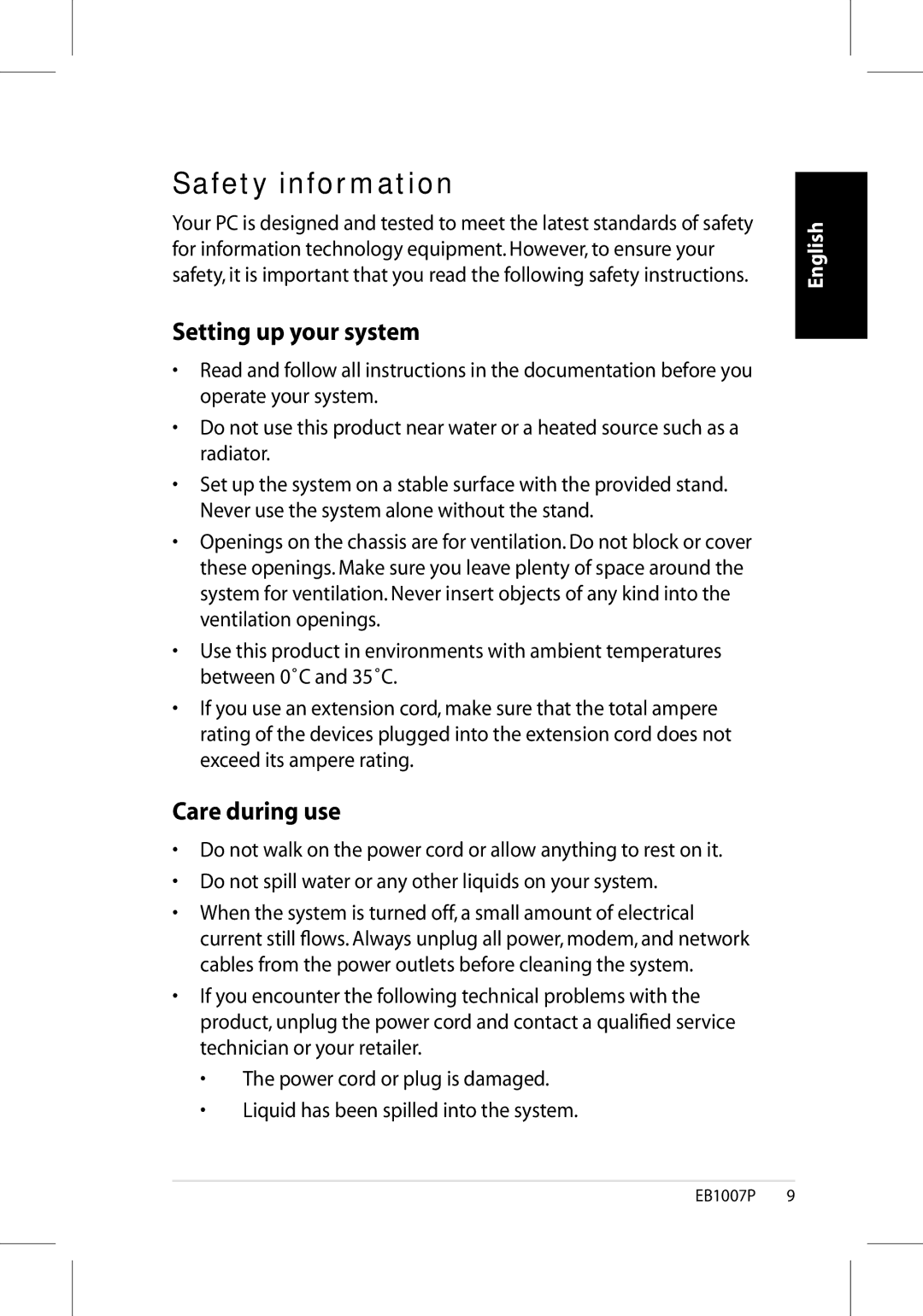 Asus EB1007P-B0040 user manual Safety information, Setting up your system, Care during use 