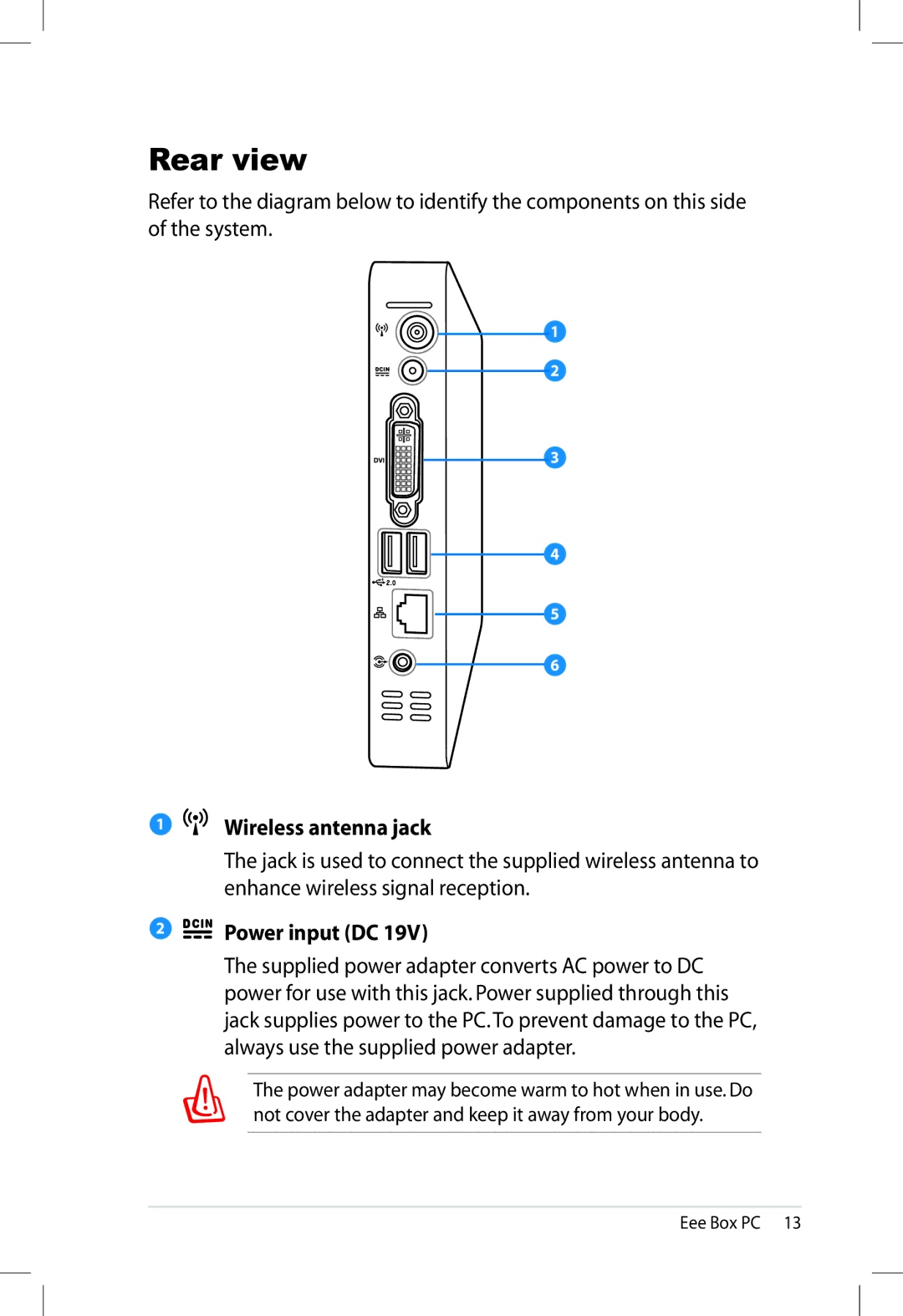 Asus 90PE2AZ210010013QL0Q, EBXB202WHTX0081 user manual Rear view, Wireless antenna jack, Power input DC 