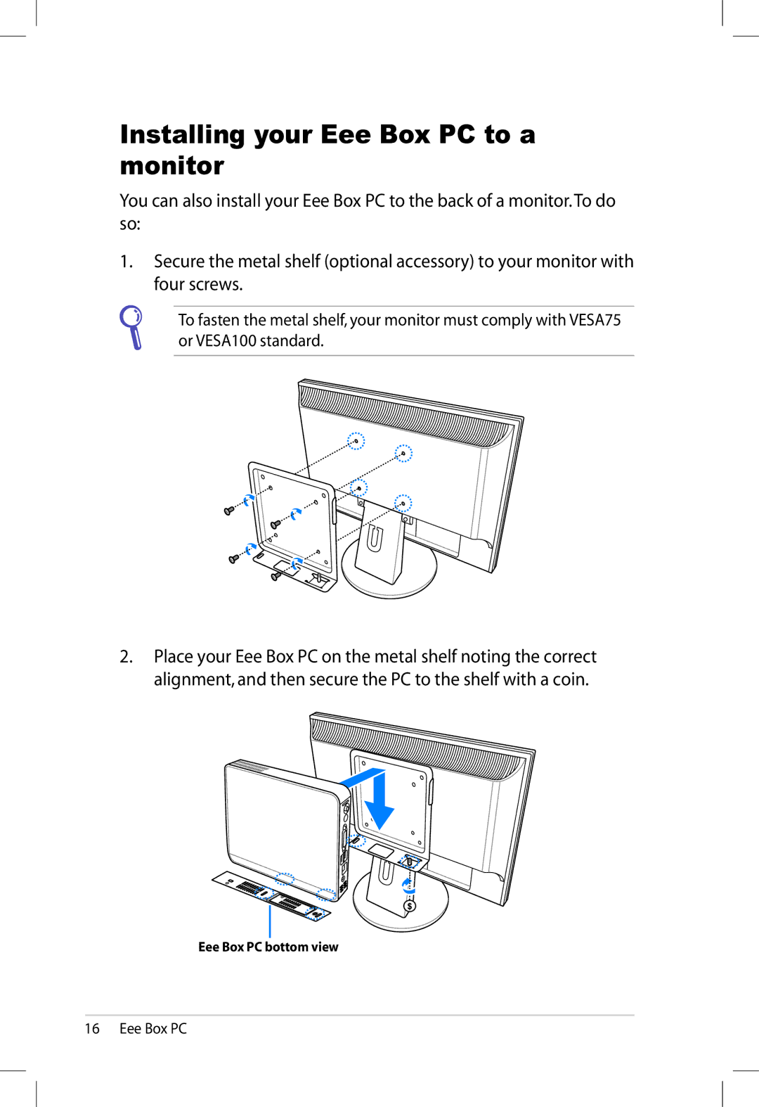 Asus EBXB202WHTX0081, 90PE2AZ210010013QL0Q user manual Installing your Eee Box PC to a monitor 