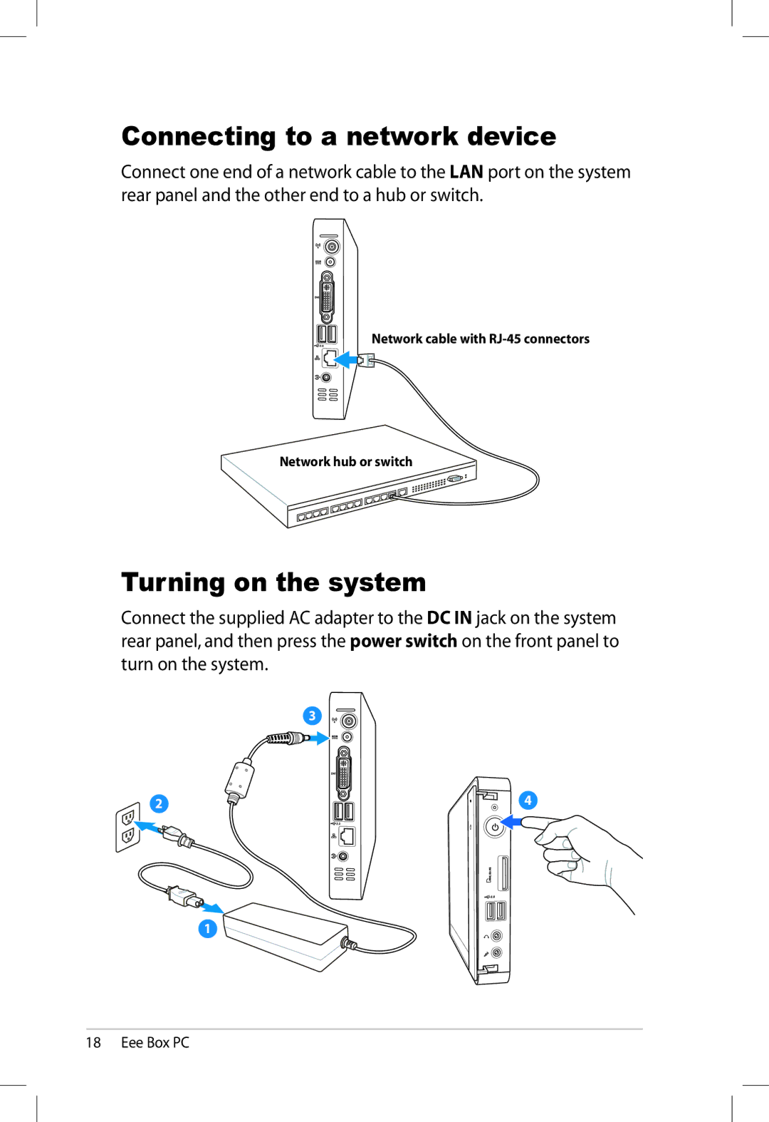 Asus EBXB202WHTX0081, 90PE2AZ210010013QL0Q user manual Connecting to a network device, Turning on the system 