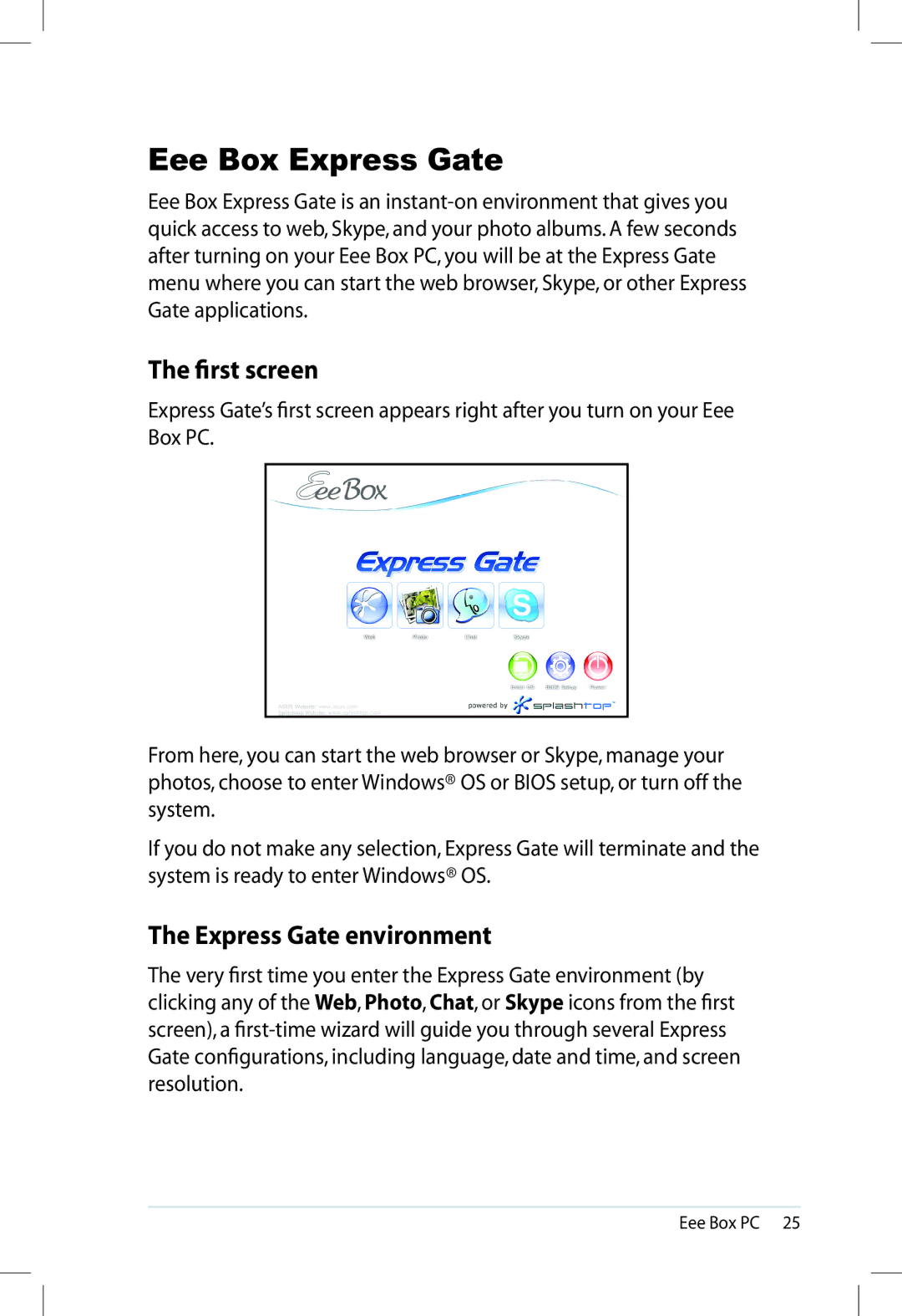 Asus 90PE2AZ210010013QL0Q, EBXB202WHTX0081 user manual Eee Box Express Gate, First screen, Express Gate environment 