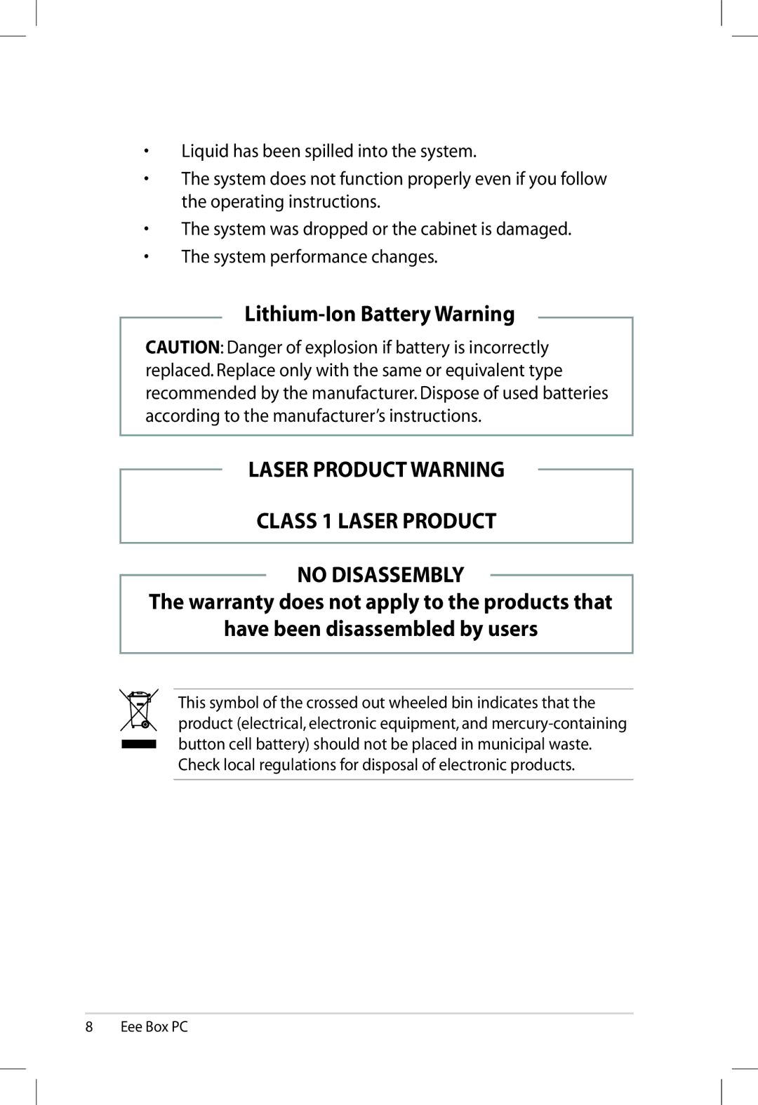 Asus EBXB202WHTX0081, 90PE2AZ210010013QL0Q Lithium-Ion Battery Warning, Laser Product Warning Class 1 Laser Product 