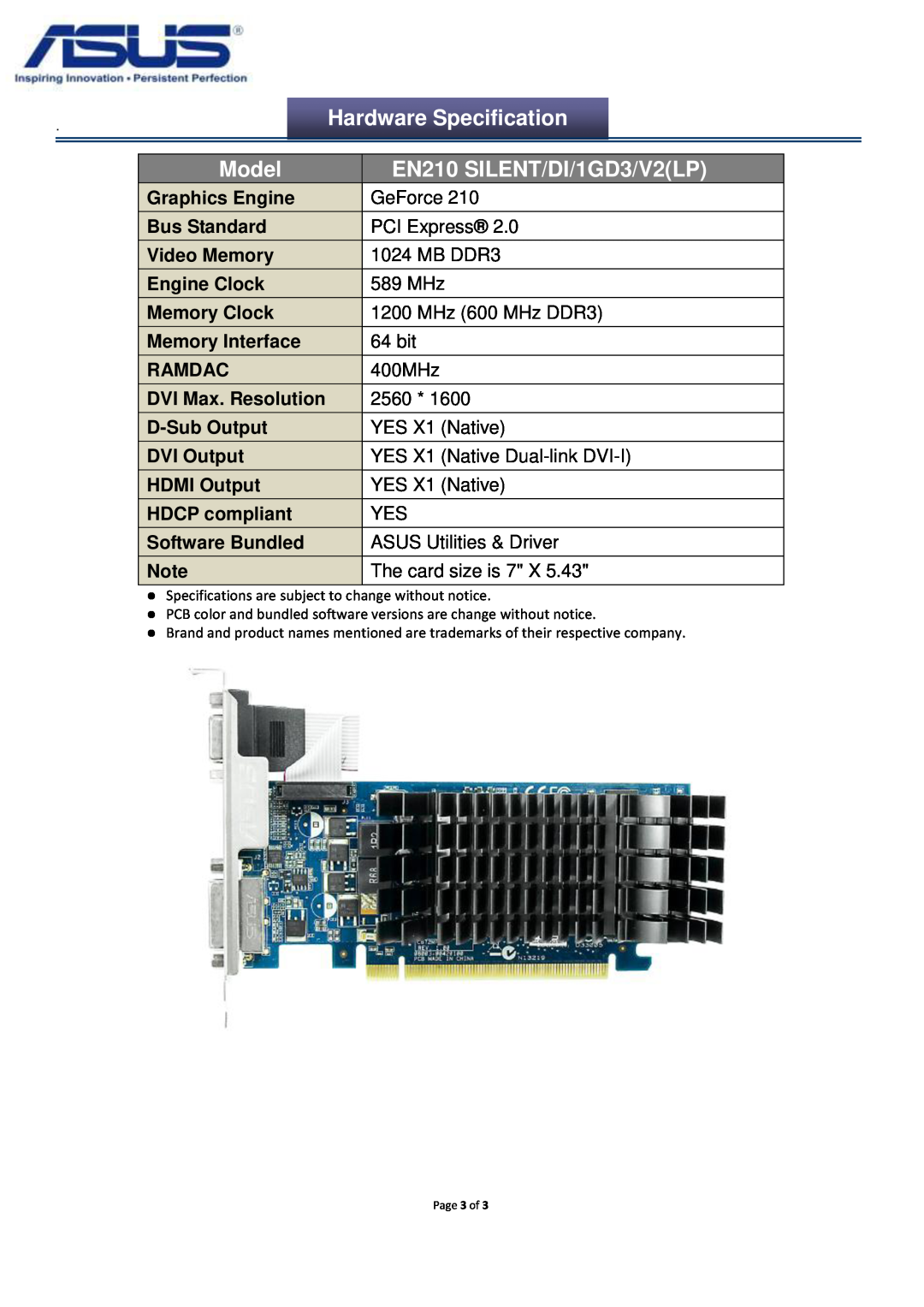 Asus EN210SILENTDI1GD3V2LP manual Model, EN210 SILENT/DI/1GD3/V2LP, Hardware Specification 