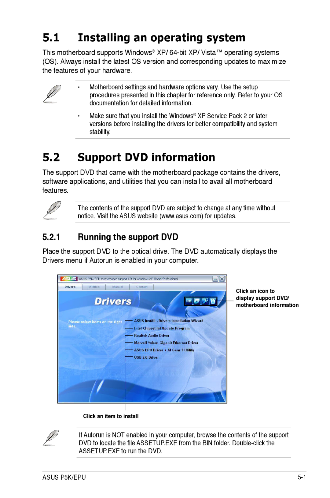 Asus EPU manual Installing an operating system, Support DVD information, Running the support DVD 