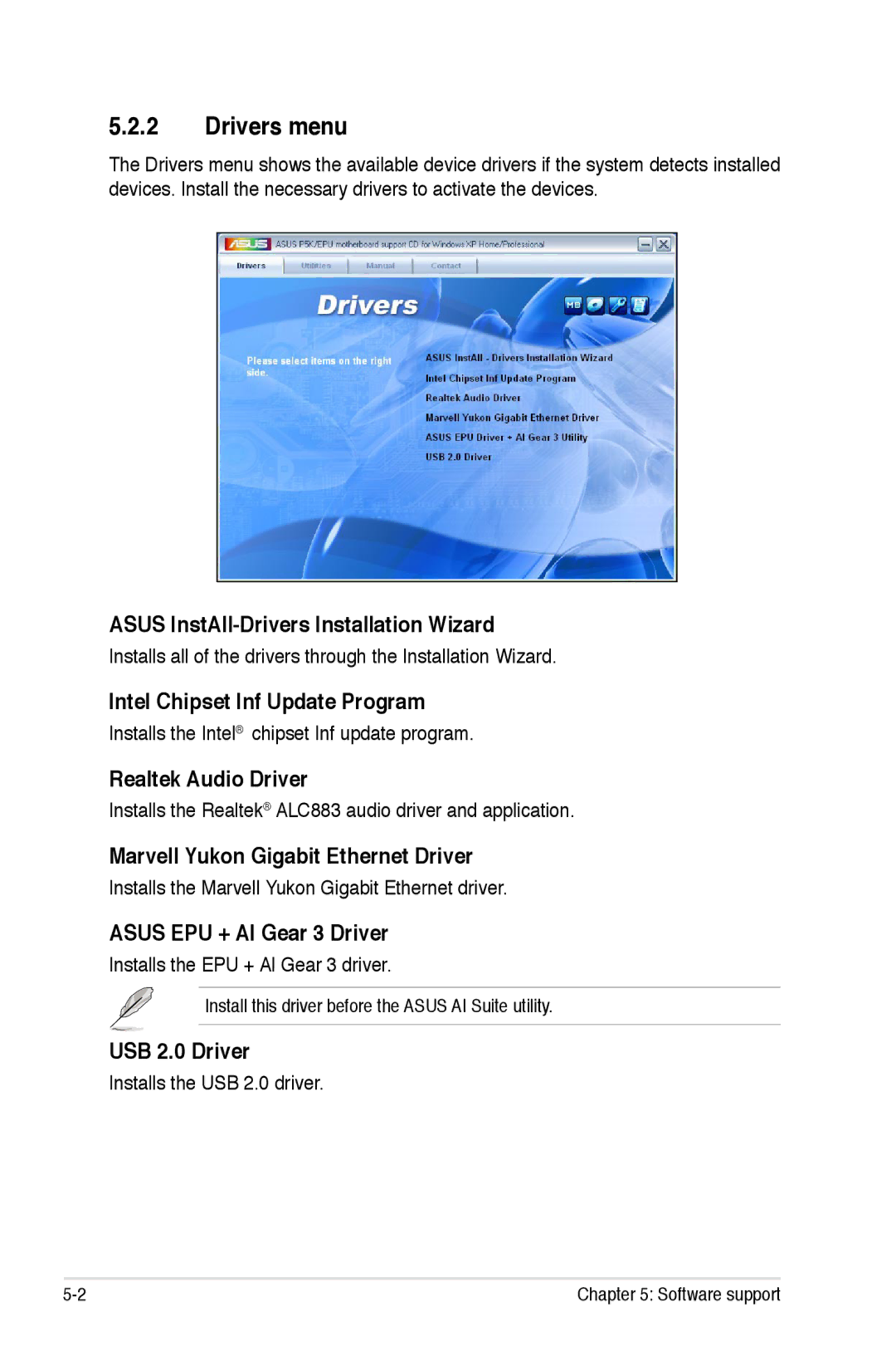 Asus EPU manual Drivers menu 