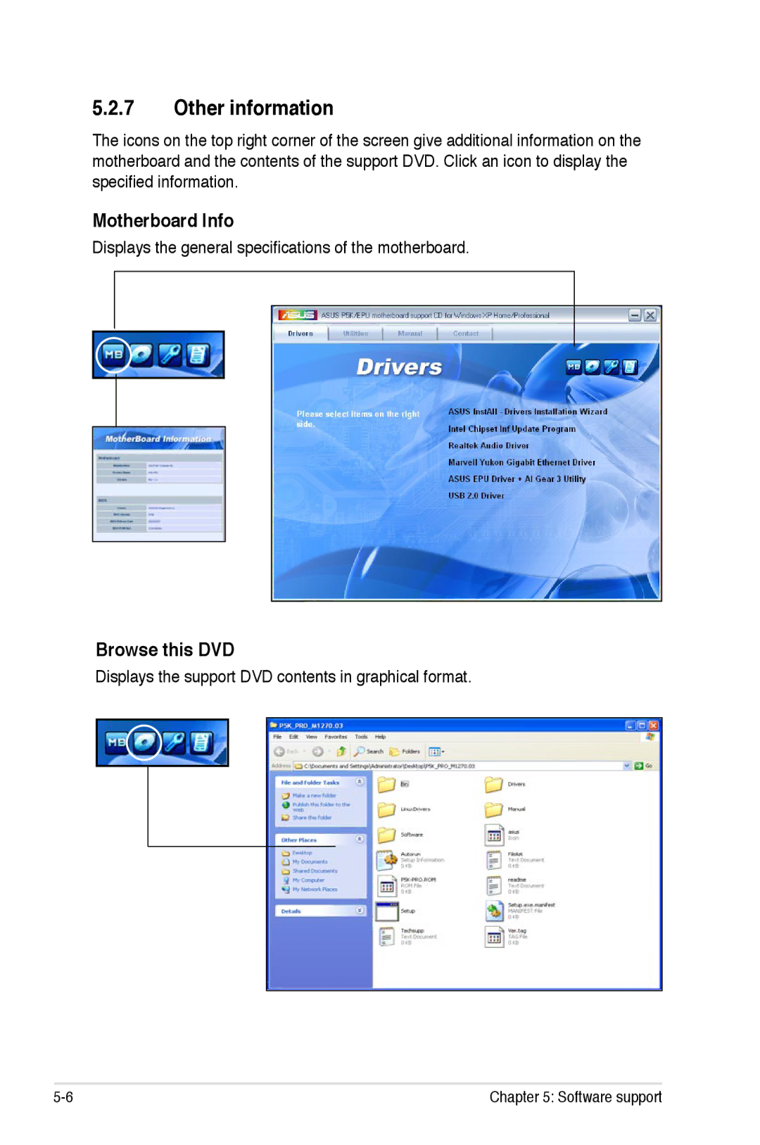 Asus EPU Other information, Motherboard Info, Browse this DVD, Displays the general specifications of the motherboard 