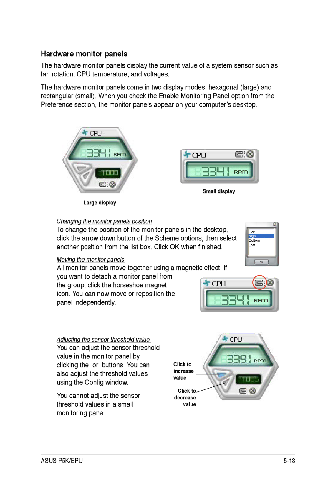 Asus EPU manual Hardware monitor panels, Changing the monitor panels position 