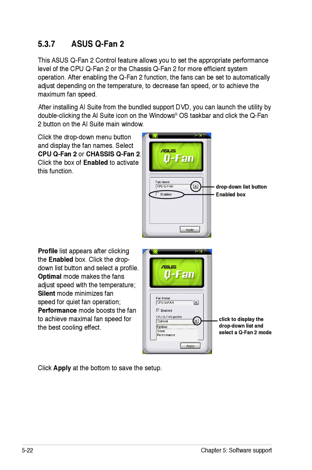 Asus EPU manual Asus Q-Fan, Click Apply at the bottom to save the setup 