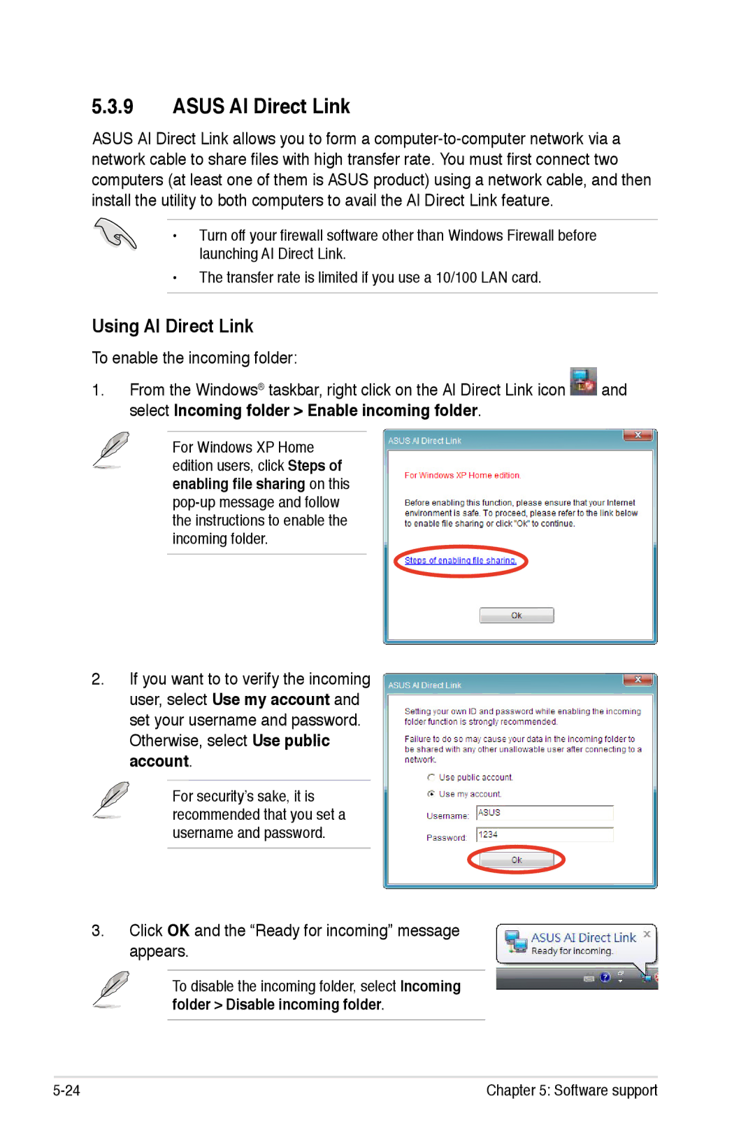 Asus EPU manual Asus AI Direct Link, Using AI Direct Link, Click OK and the Ready for incoming message appears 