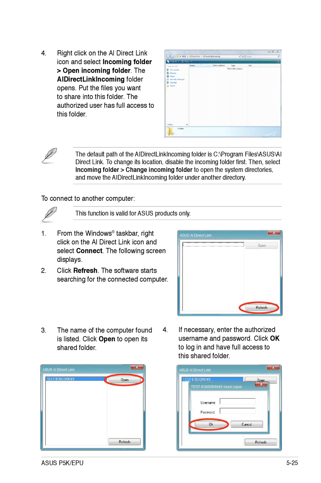 Asus EPU To connect to another computer, Name of the computer found, Is listed. Click Open to open its, Shared folder 