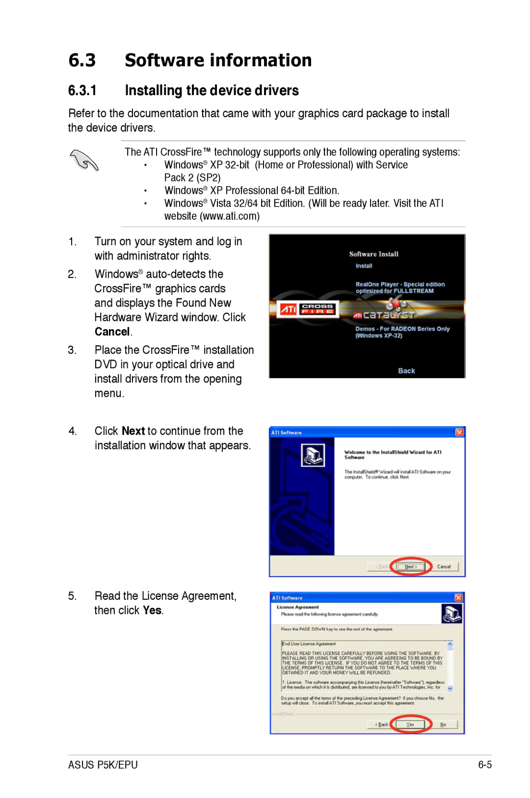 Asus EPU Installing the device drivers, Hardware Wizard window. Click, Cancel, Read the License Agreement, then click Yes 