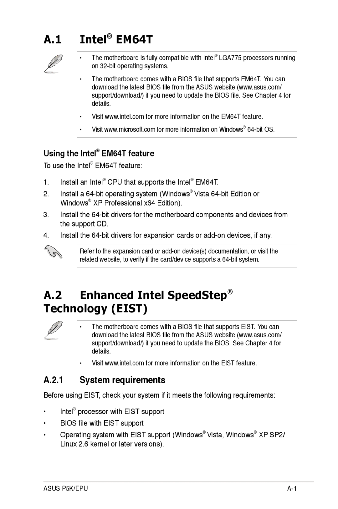 Asus EPU manual Enhanced Intel SpeedStep Technology Eist, System requirements, Using the Intel EM64T feature 