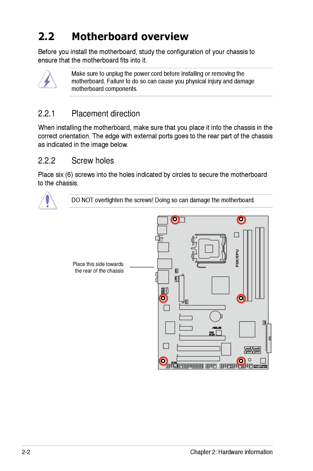 Asus EPU manual Motherboard overview, Placement direction, Screw holes 