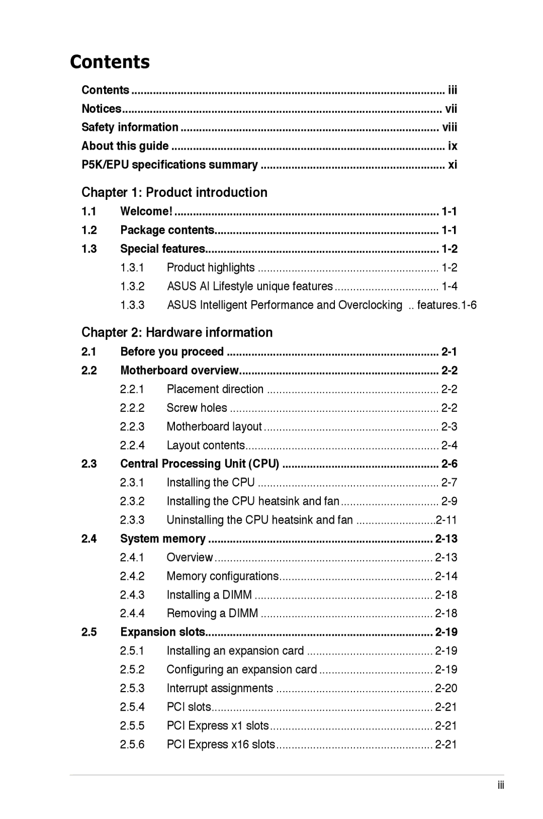 Asus EPU manual Contents 