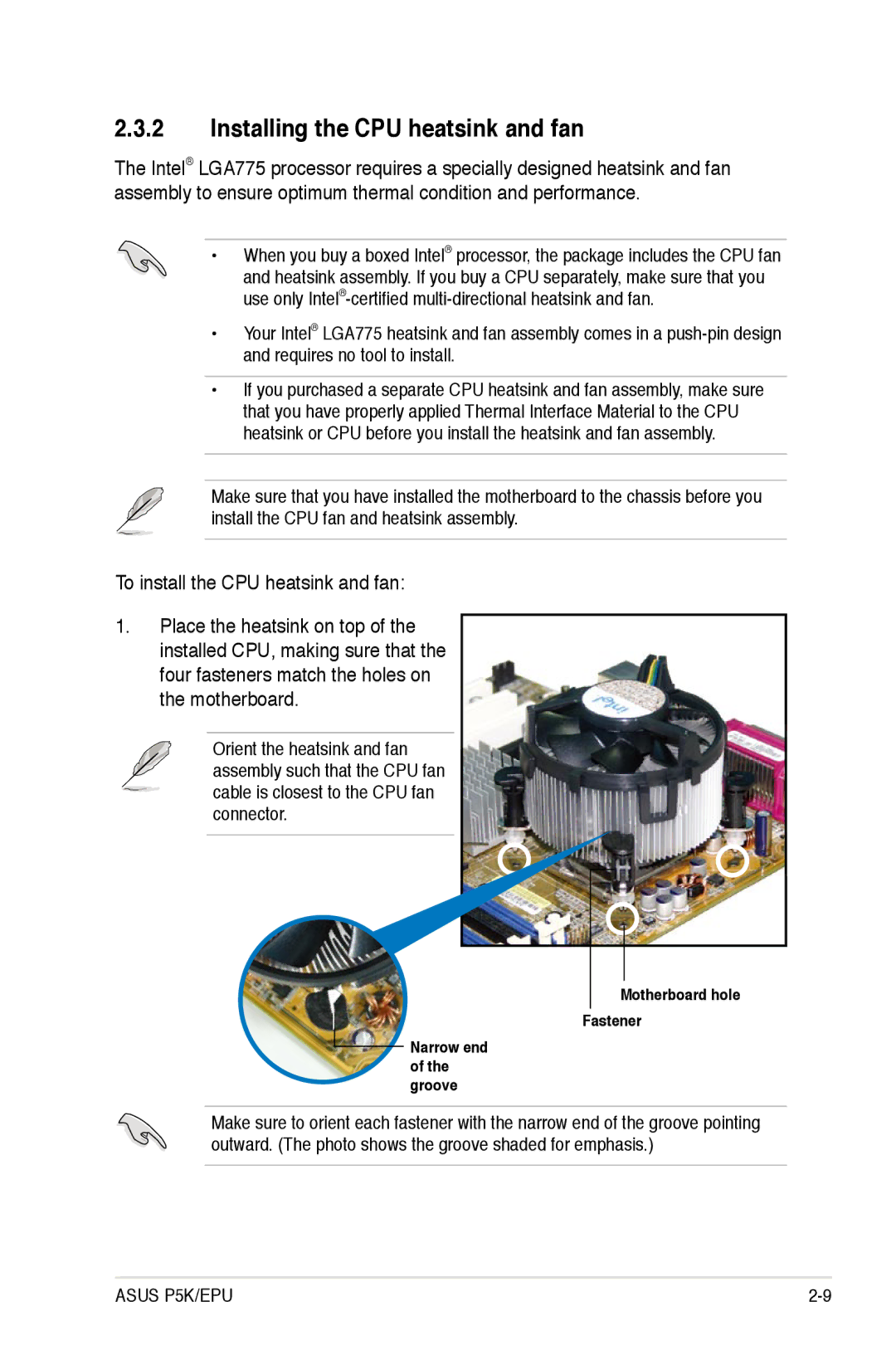 Asus EPU manual Installing the CPU heatsink and fan 