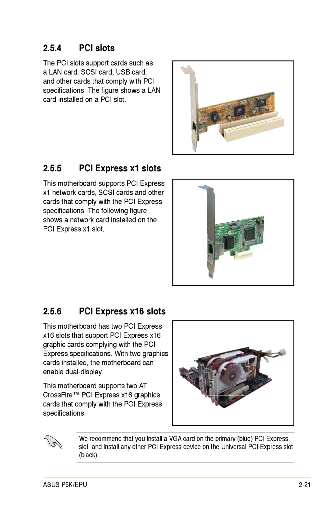 Asus EPU manual PCI slots, PCI Express x1 slots, PCI Express x16 slots 