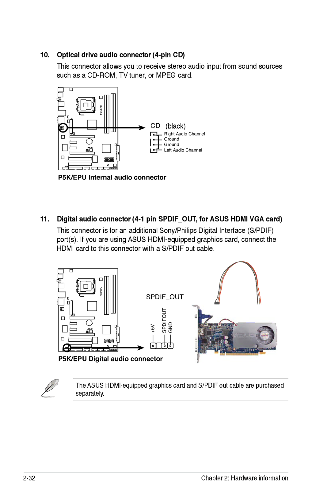 Asus EPU manual Optical drive audio connector 4-pin CD, CD black 