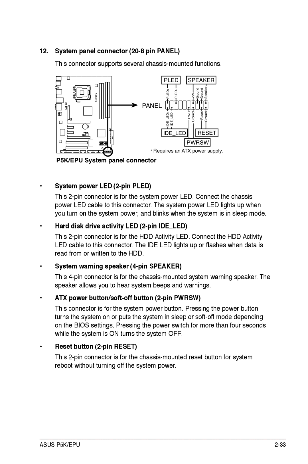 Asus EPU System panel connector 20-8 pin Panel, System power LED 2-pin Pled, Hard disk drive activity LED 2-pin Ideled 