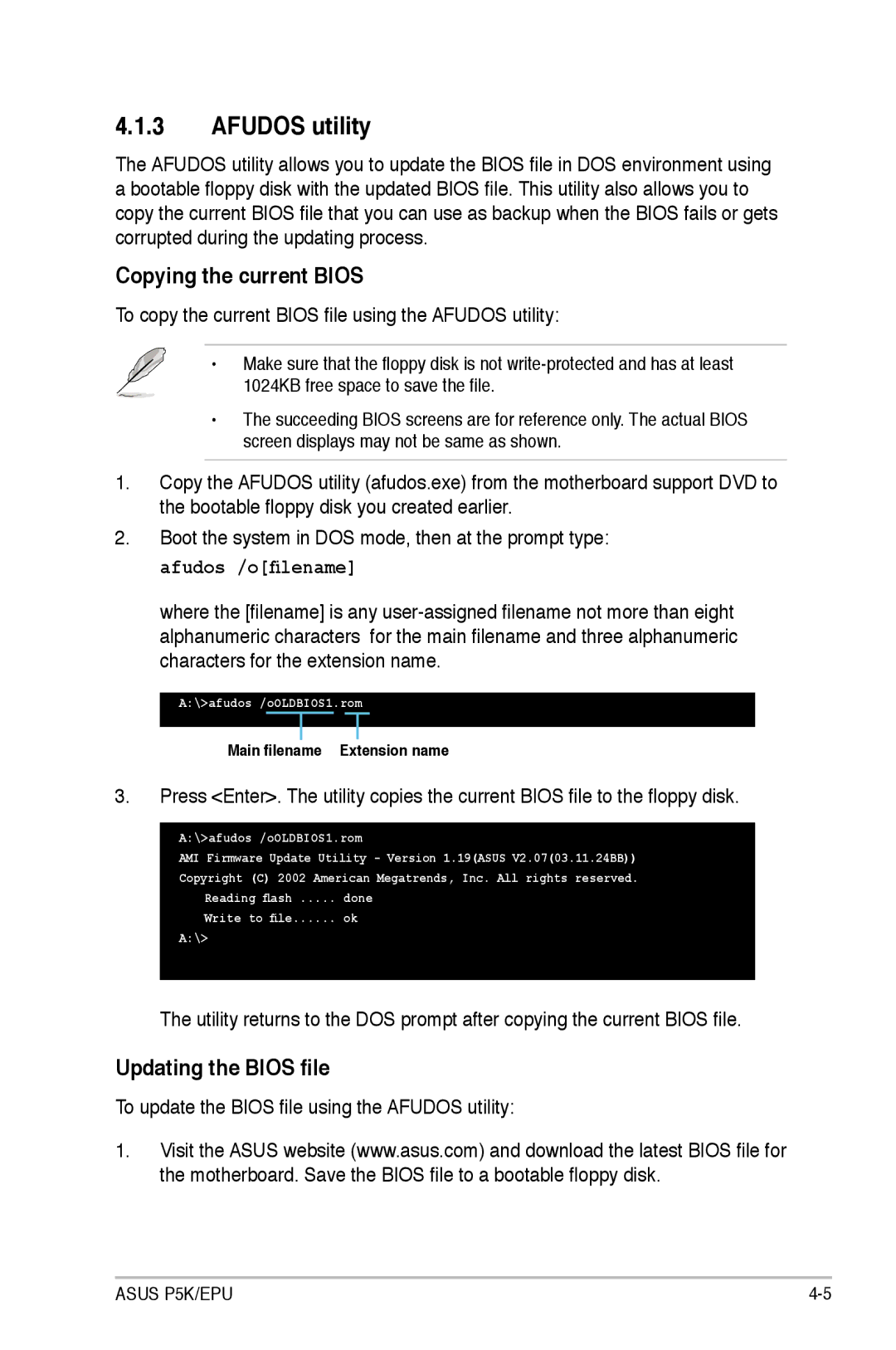 Asus EPU manual Afudos utility, Copying the current Bios, Updating the Bios file 