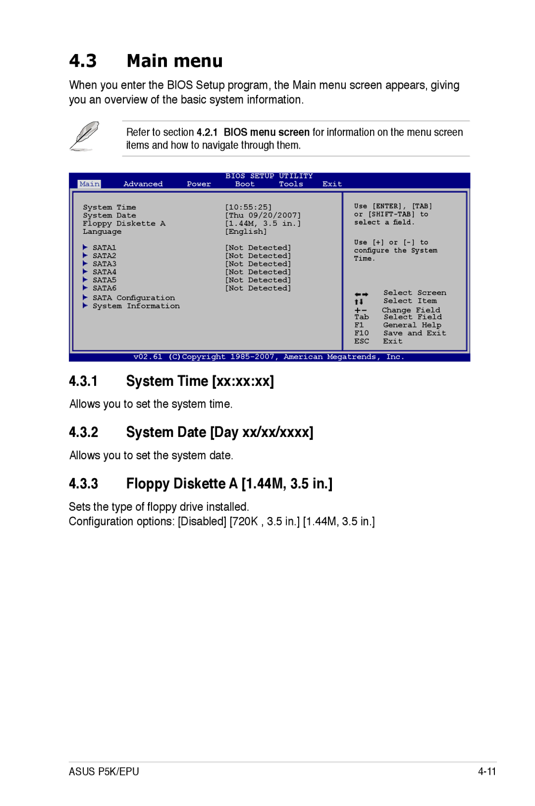 Asus EPU manual Main menu, System Time, System Date Day xx/xx/xxxx, Floppy Diskette a 1.44M, 3.5 