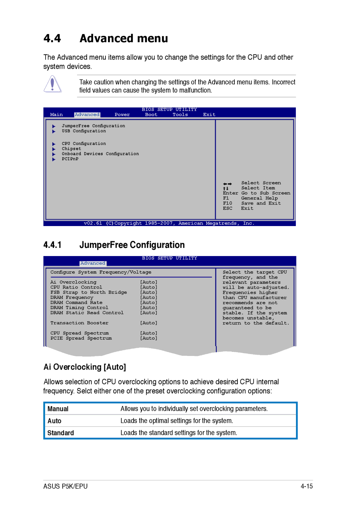 Asus EPU manual Advanced menu, JumperFree Configuration, Ai Overclocking Auto 