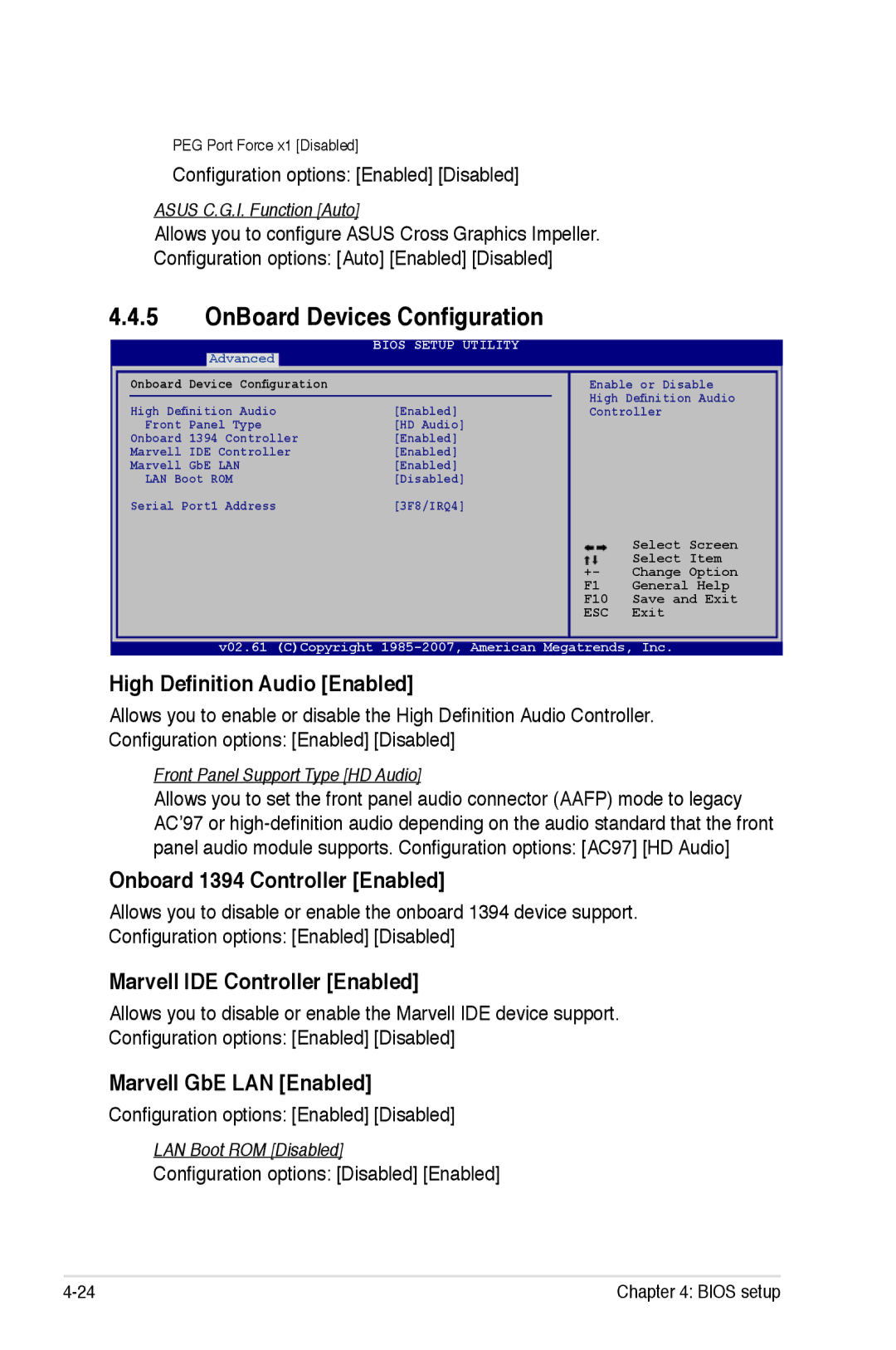 Asus EPU manual OnBoard Devices Configuration, High Definition Audio Enabled, Onboard 1394 Controller Enabled 