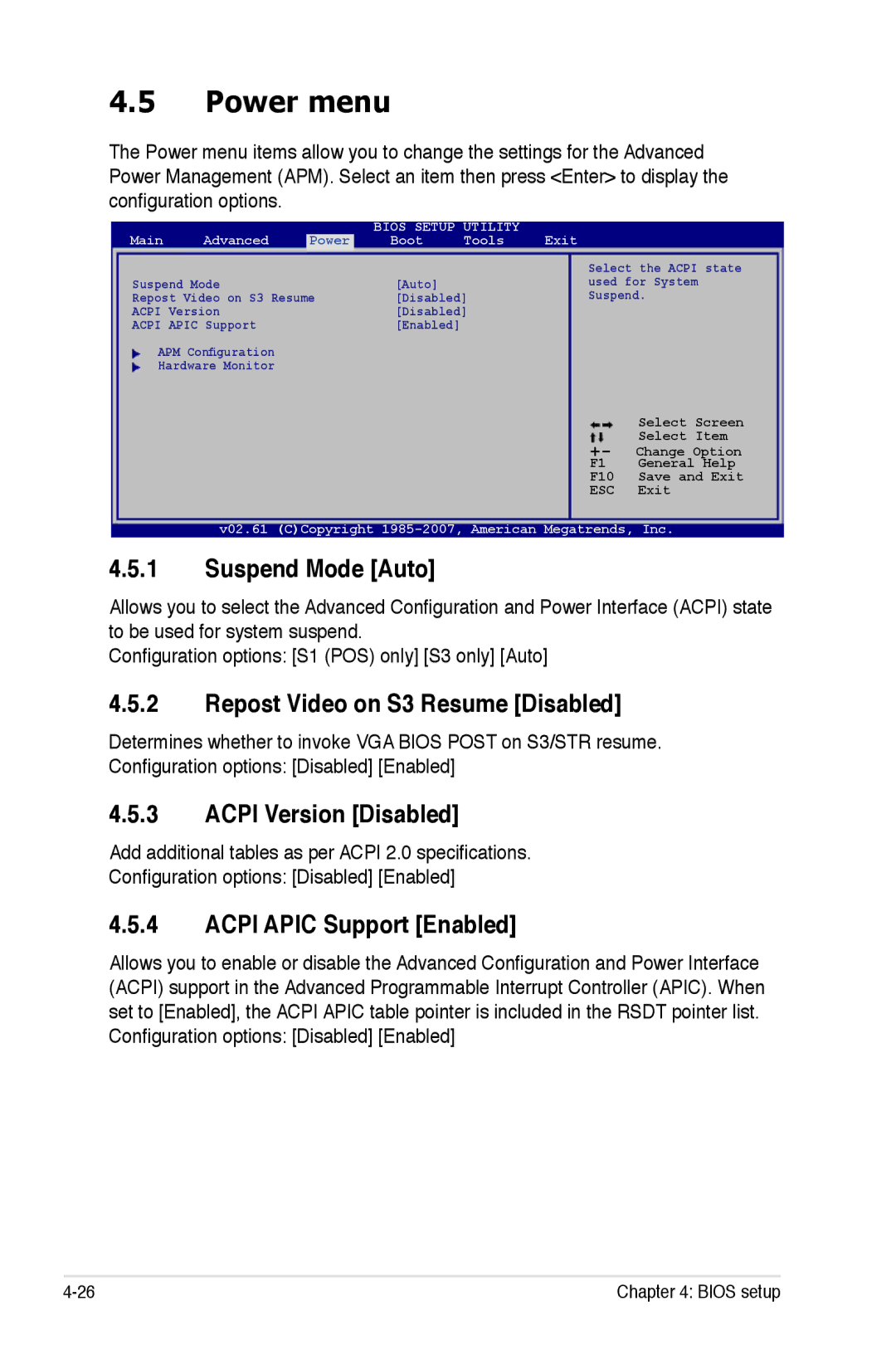 Asus EPU manual Power menu, Suspend Mode Auto, Repost Video on S3 Resume Disabled, Acpi Version Disabled 