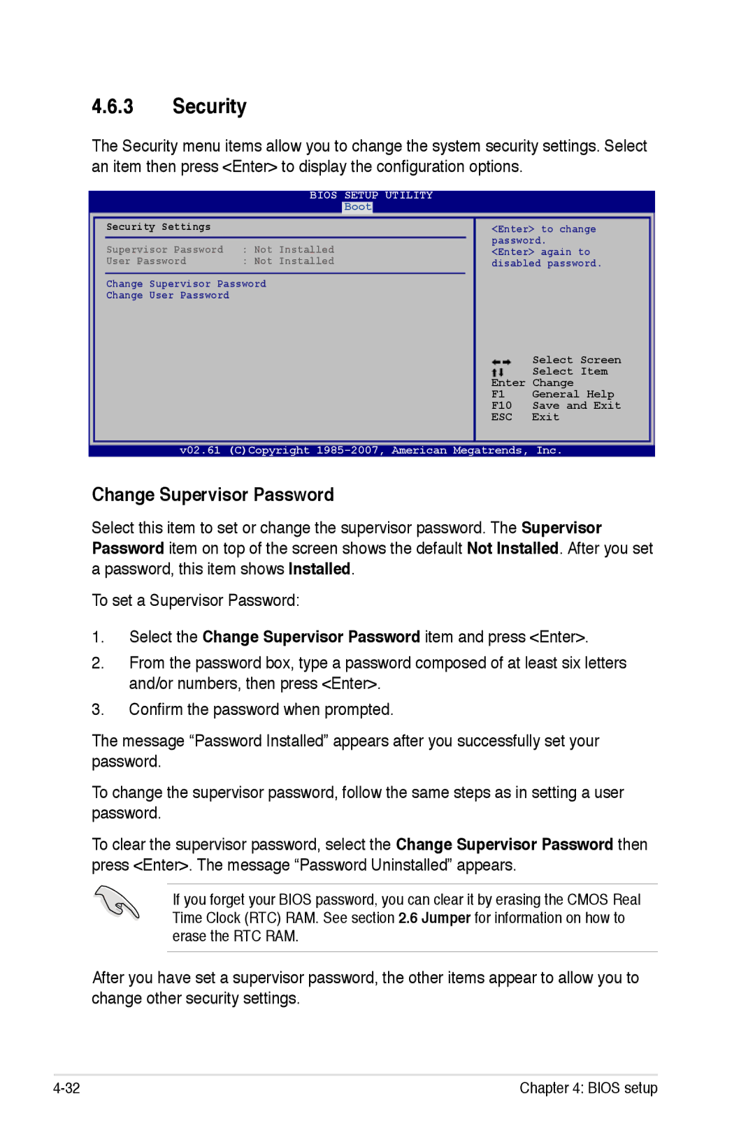 Asus EPU manual Security, Change Supervisor Password 