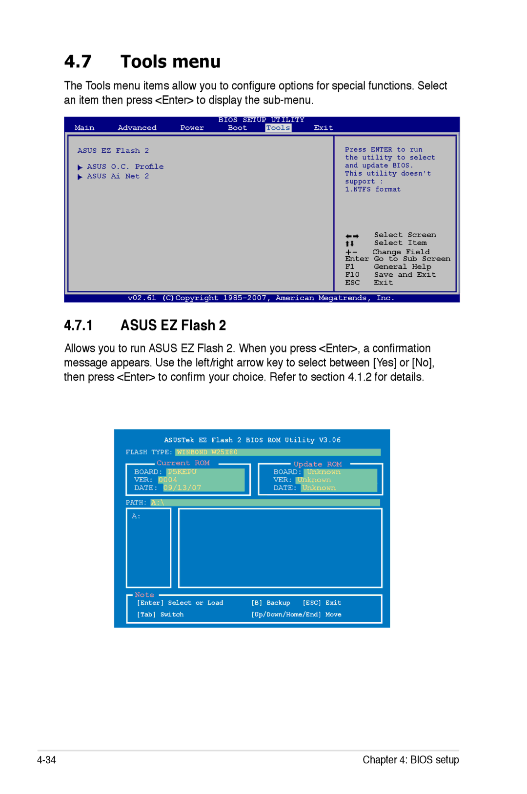 Asus EPU manual Tools menu, Asus EZ Flash 