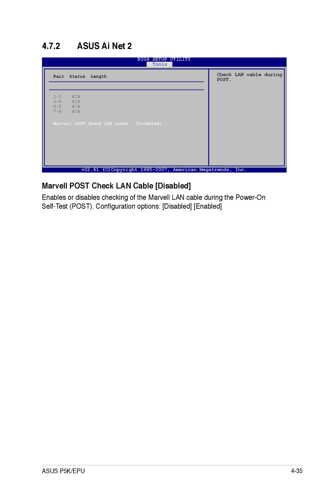 Asus EPU manual Asus Ai Net, Marvell Post Check LAN Cable Disabled 