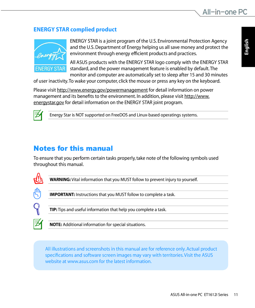 Asus ET1612IUTSB004E, ET1612IUTSB007C, ET1612IUTS-B004E user manual Energy Star complied product 