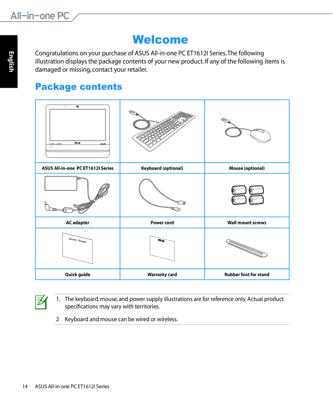 Asus ET1612IUTSB004E, ET1612IUTSB007C, ET1612IUTS-B004E user manual Welcome, Package contents 