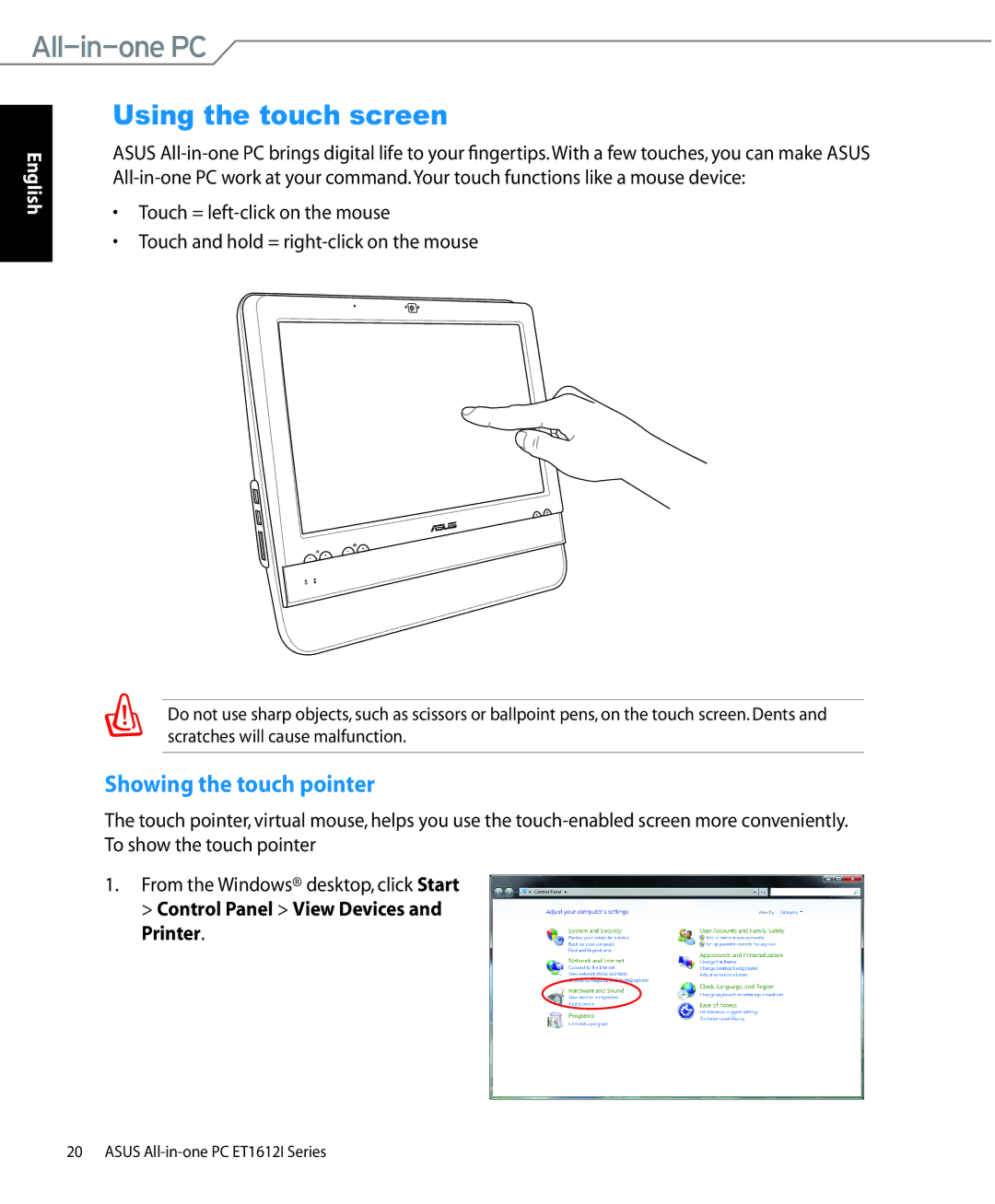 Asus ET1612IUTSB004E, ET1612IUTSB007C, ET1612IUTS-B004E user manual Using the touch screen, Showing the touch pointer 