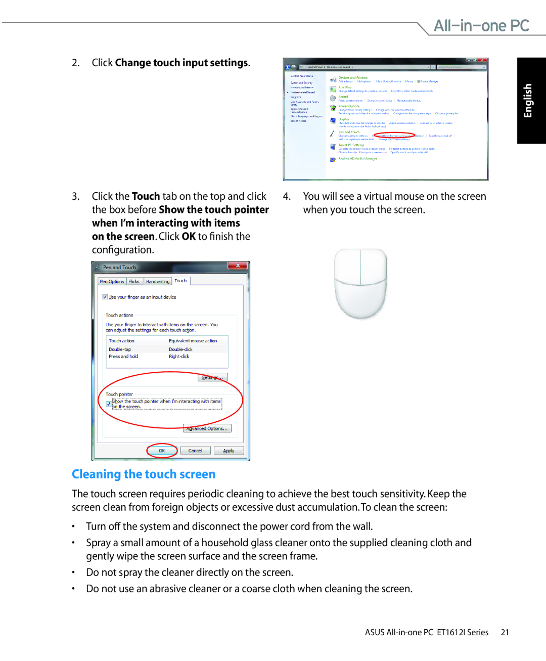 Asus ET1612IUTSB007C, ET1612IUTS-B004E, ET1612IUTSB004E Cleaning the touch screen, Click Change touch input settings 