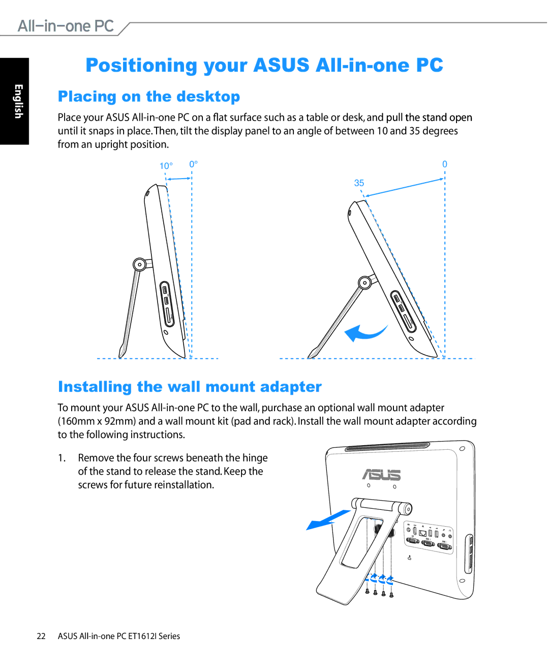 Asus ET1612IUTS-B004E Positioning your Asus All-in-one PC, Placing on the desktop, Installing the wall mount adapter 