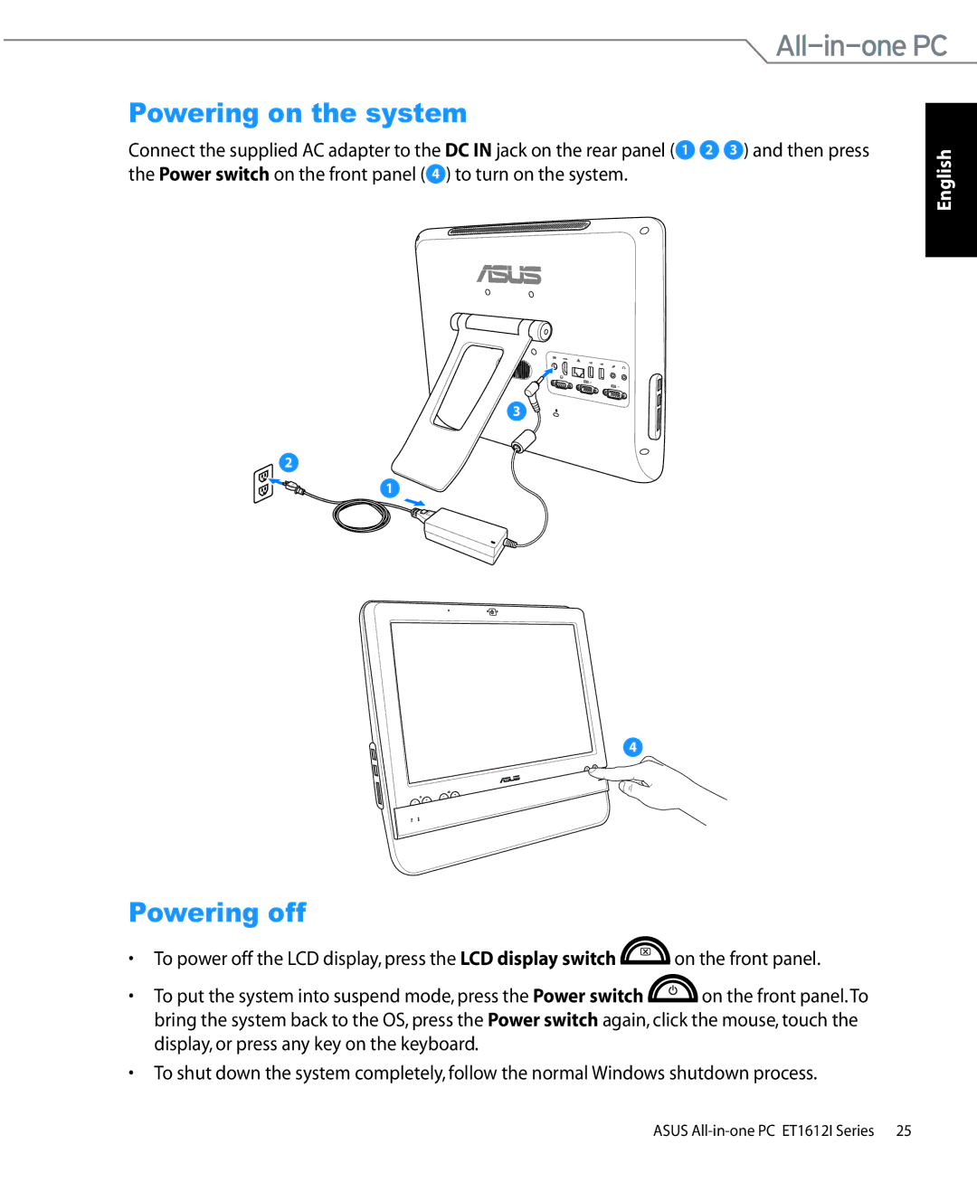 Asus ET1612IUTS-B004E, ET1612IUTSB007C, ET1612IUTSB004E user manual Powering on the system, Powering off 