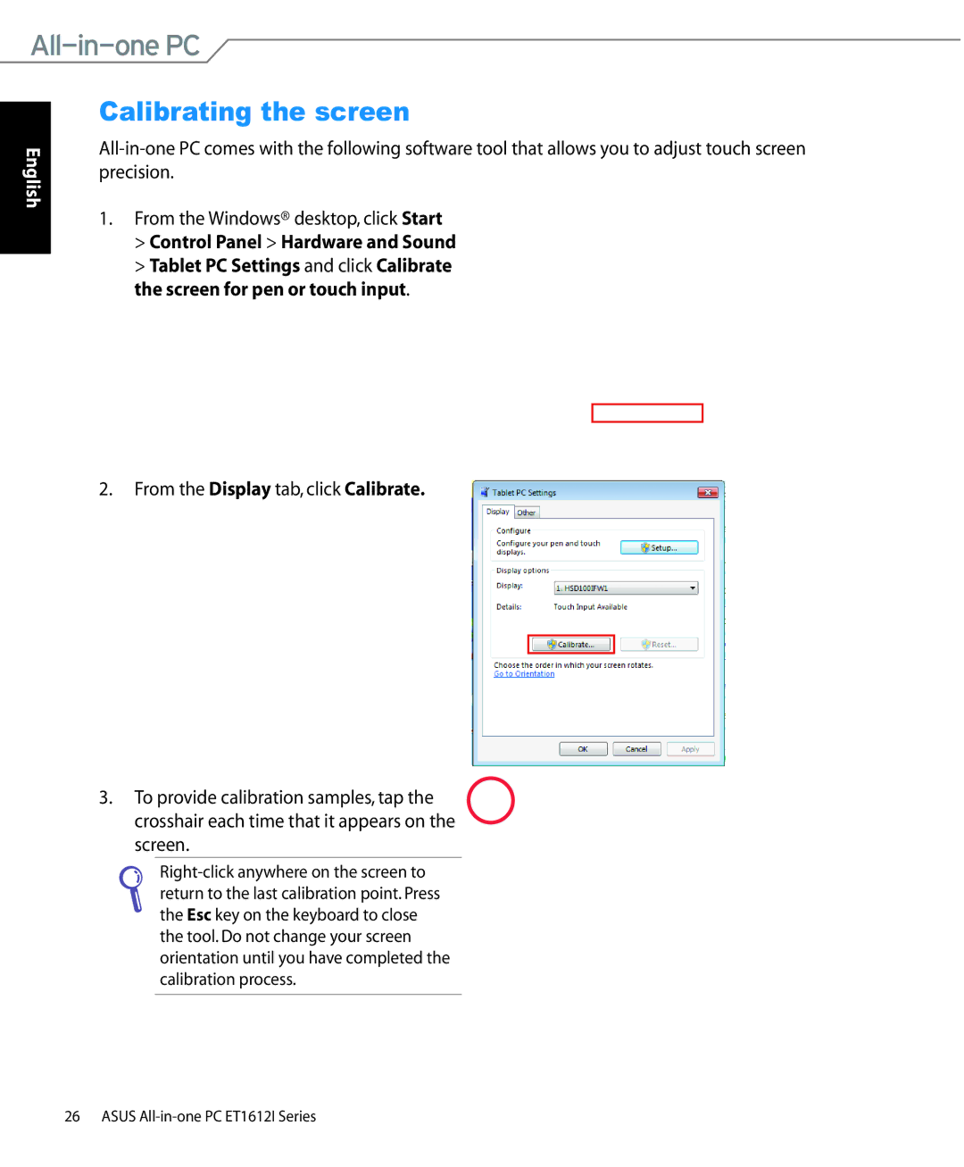 Asus ET1612IUTSB004E, ET1612IUTSB007C, ET1612IUTS-B004E user manual Calibrating the screen, Control Panel Hardware and Sound 