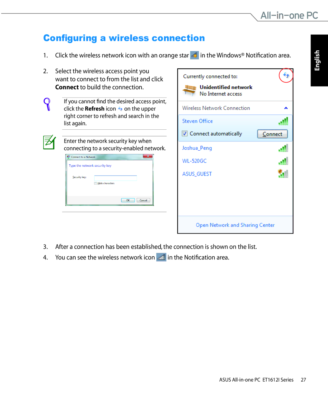 Asus ET1612IUTSB007C, ET1612IUTS-B004E, ET1612IUTSB004E user manual Configuring a wireless connection 