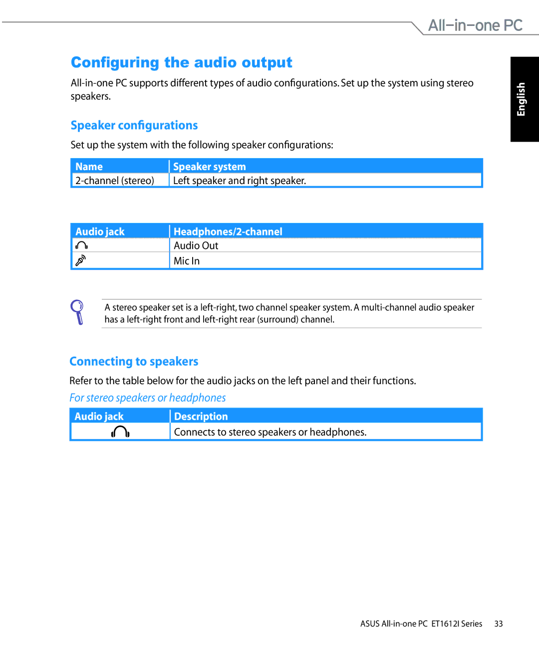 Asus ET1612IUTSB007C, ET1612IUTS-B004E Configuring the audio output, Speaker configurations, Connecting to speakers 
