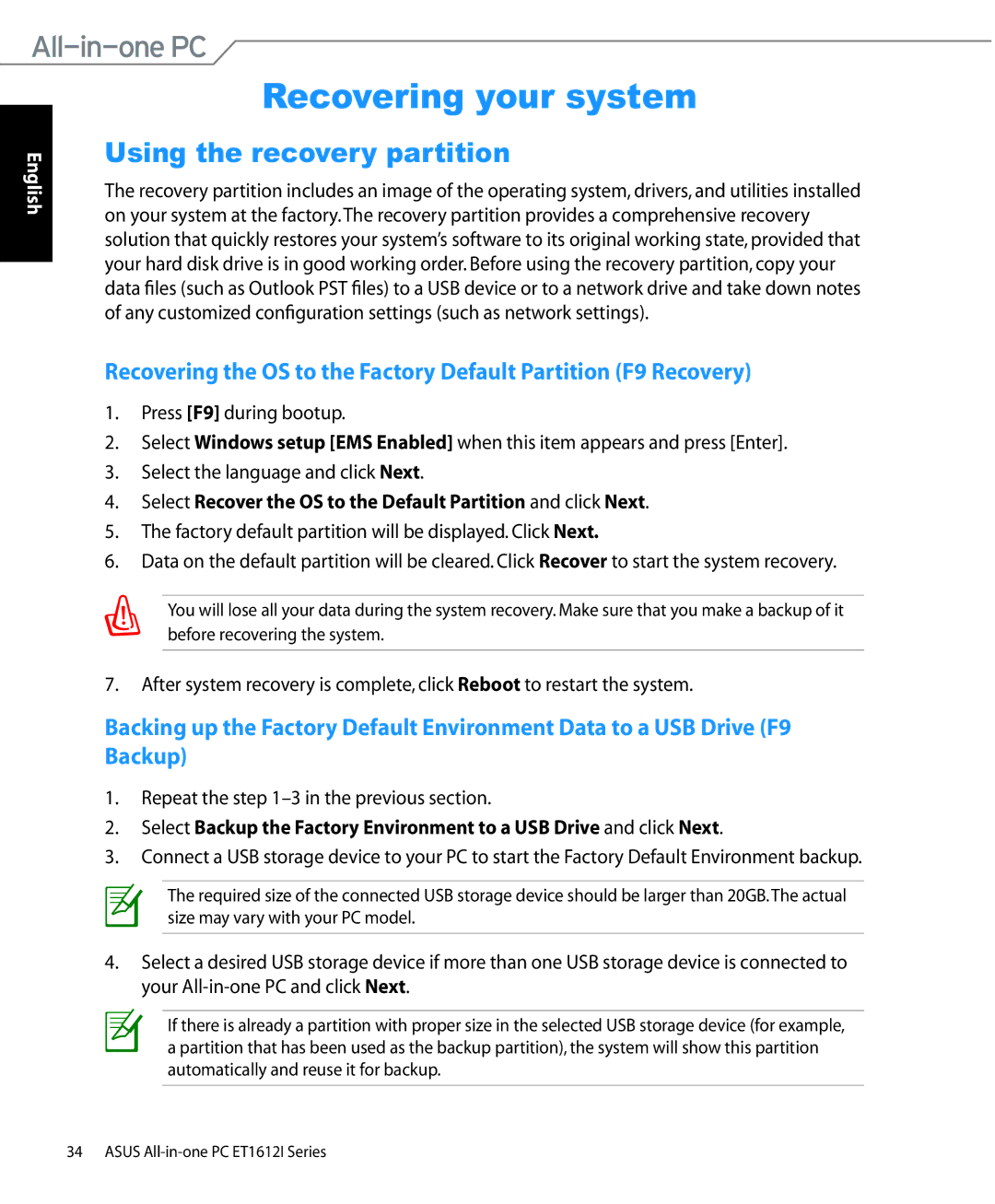 Asus ET1612IUTS-B004E, ET1612IUTSB007C, ET1612IUTSB004E user manual Recovering your system, Using the recovery partition 