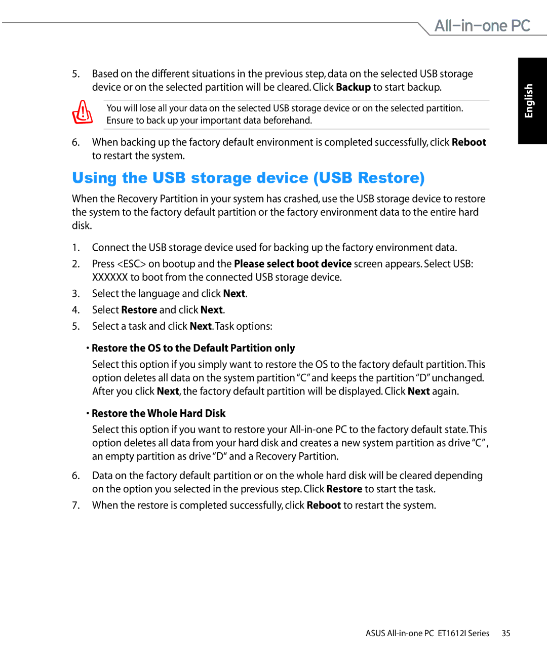 Asus ET1612IUTSB004E user manual Using the USB storage device USB Restore, Restore the OS to the Default Partition only 