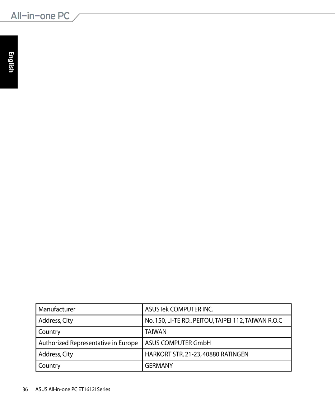 Asus ET1612IUTSB007C, ET1612IUTS-B004E, ET1612IUTSB004E user manual Taiwan 